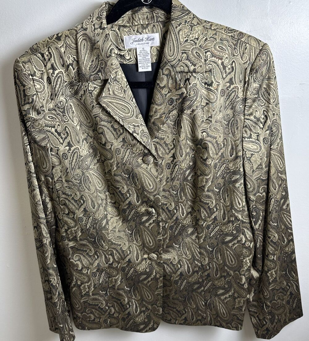 Judith Hart Womens Gold Metallic Paisley Print Lined Blazer Jacket Size 12